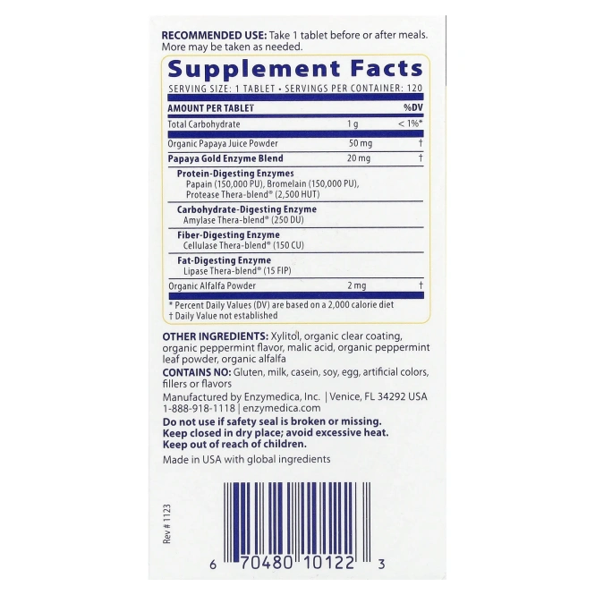 Enzymedica, Papaya Gold, папайя и мята, 120 таблеток