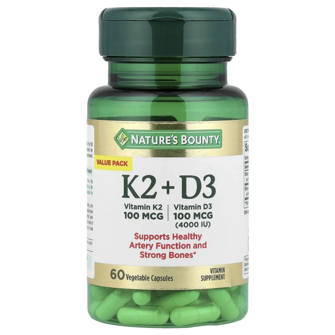 Nature's Bounty, витамины K2 и D3, 60 растительных капсул