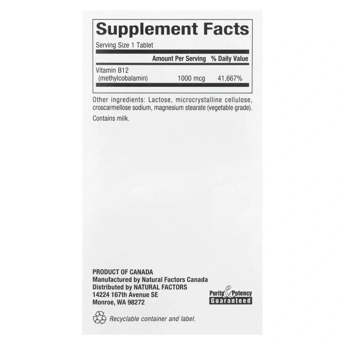 Natural Factors, B12 метилокобаламин, 1000 mcg, 90 жевательных таблеток