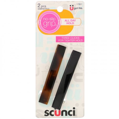 Scunci, No Slip Grip, зажимы для волос, фиксация на весь день, черный и коричневый, 2 шт.