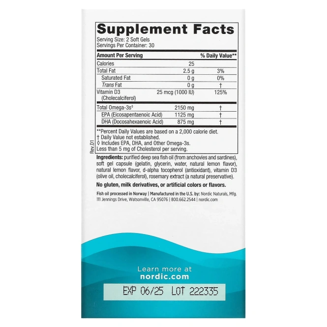 Nordic Naturals, Ultimate Omega 2X с витамином D3, вкус лимона, 60 мягких капсул