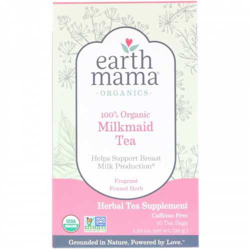 Earth Mama, Органический, 100% органический чай для кормящих мам, с ароматным фенхелем, без кофеина, 16 чайных пакетиков, 1,23 унц. (35 г)