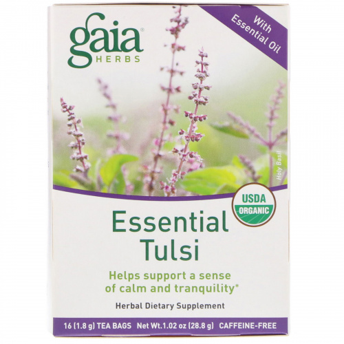 Gaia Herbs, Тулси, без кофеина, 16 чайных пакетиков, 1,02 унц. (28,8 г)