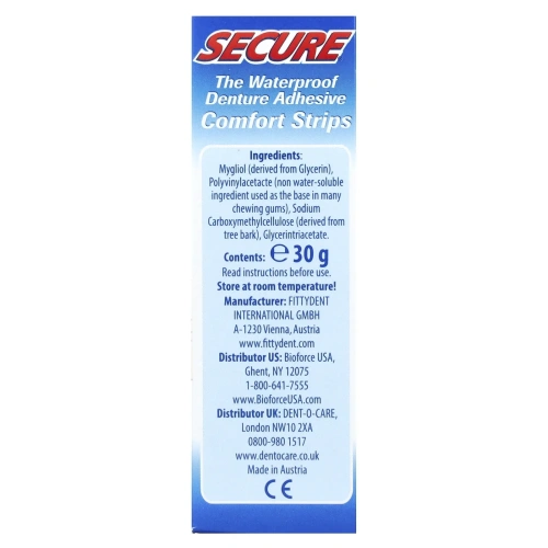 Secure Denture, Комфортные водостойкие адгезивные полоски для протезов, 15 полосок