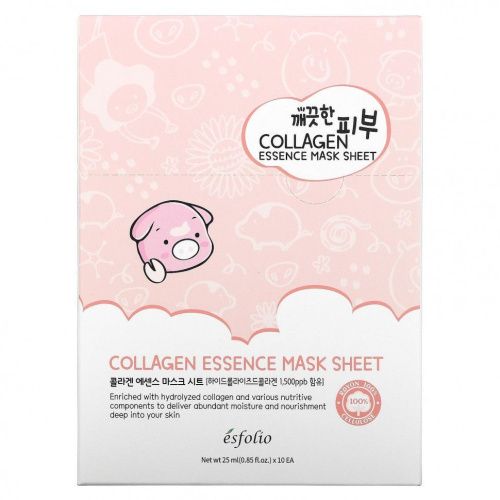 Esfolio, Collagen Essence Beauty Mask Sheet, 10 Sheets, 0.85 fl oz (25 ml) Each