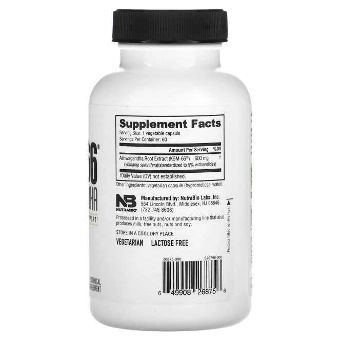 NutraBio, KSM-66, ашваганда`` 60 капсул