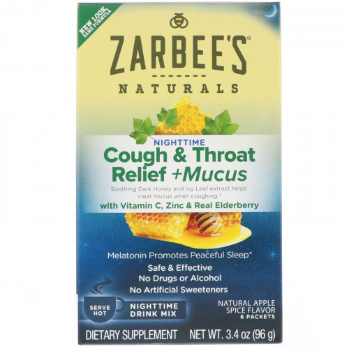 Zarbee's, Снижение болезненных симптомов в горле, при кашле, отхаркивание, вечерний напиток, натуральный яблочно-пряный вкус, 6 пакетиков, 3,4 унц. (96 г)