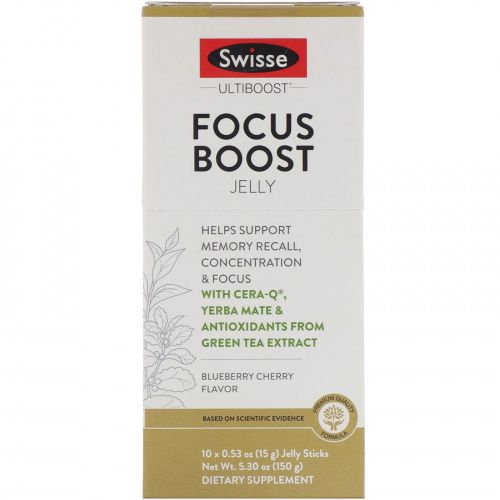 Swisse, Ultiboost, желе для повышения концентрации внимания, со вкусом черники и вишни, 10 стиков, 15 г (0,53 унции) в каждом