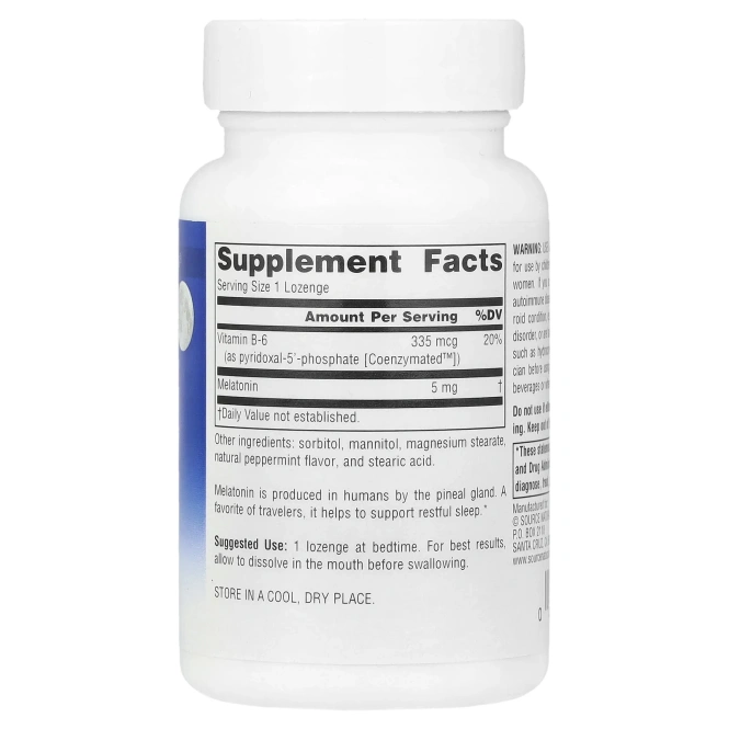 Source Naturals, Мелатонин, 5 мг, вкус перечной мяты, подъязычный, 200 таблеток