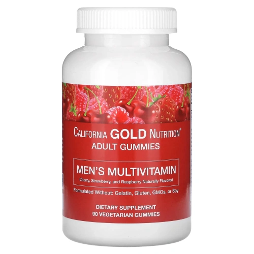 California Gold Nutrition, Мультивитамины для мужчин в форме жевательных таблеток, без желатина, без глютена, со вкусом органических ягод и фруктов, 90 жевательных таблеток