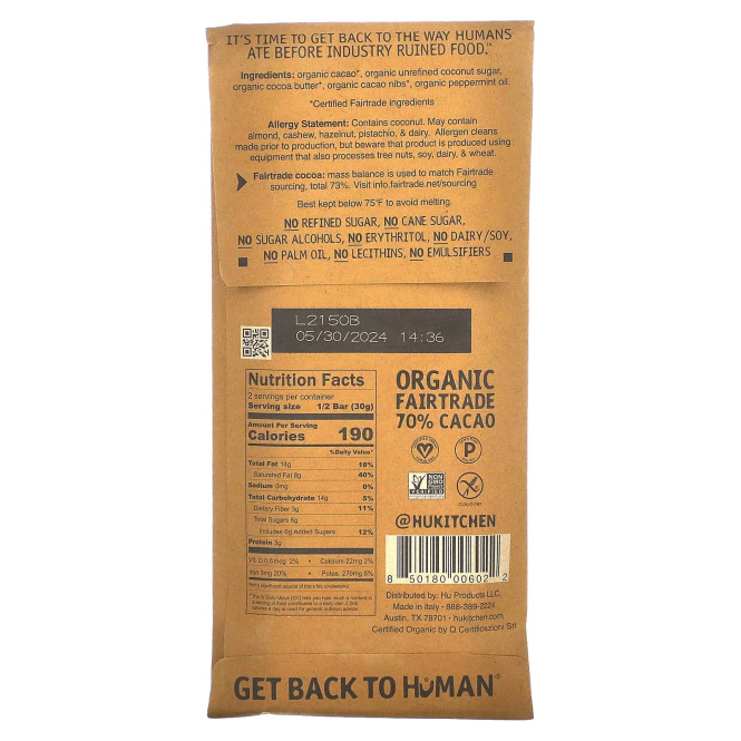 Hu, Темный шоколад с хрустящей мятой, 2,1 унции (60 г)