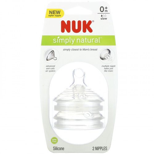 NUK, Simply Natural, Slow Flow Bottle Nipples,  0 + Months, 2 Nipples