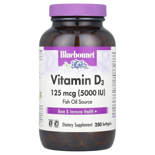 Bluebonnet Nutrition Витамин D3 5000 МЕ (для здоровья костей и иммунитета), 250 желатиновых капсул