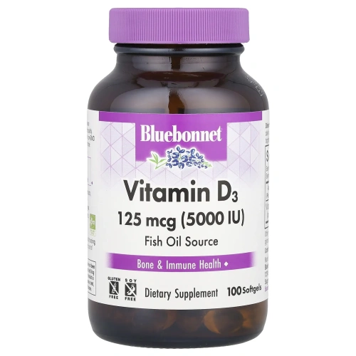 Bluebonnet Nutrition, витамин D3, 125 мкг 5000 МЕ, 100 мягких таблеток