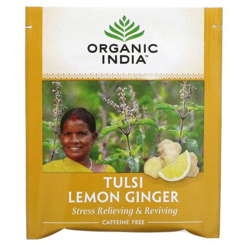 Organic India, Чай тулси, с ароматом лимона и имбиря, без кофеина, 18 бумажных пакетиков, 1.27 унций (36 г)