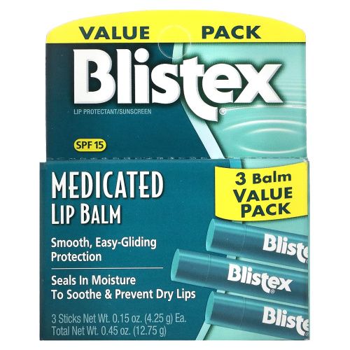 Blistex, Бальзам для губ с лечебным действием,  Защита губ / Солнцезащитный фильтр SPF 15, в упаковке 3 бальзама, 0,15 унции (4,25 г) каждый
