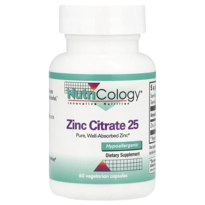 Nutricology, Цитрат цинка 25, 60 вегетарианских капсул