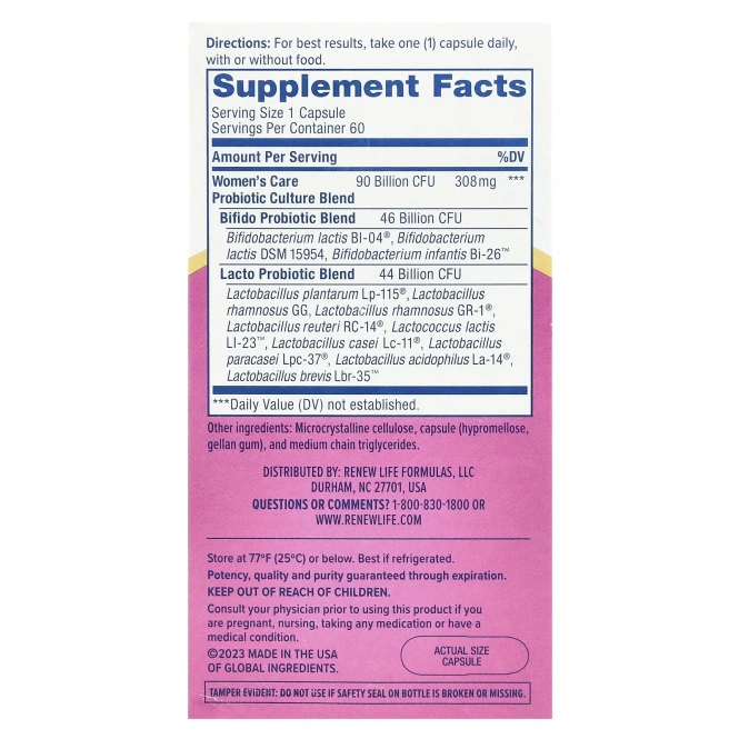 Renew Life, Пробиотик Ultimate Flora Women's Care 90 миллиардов 60 вег капсул