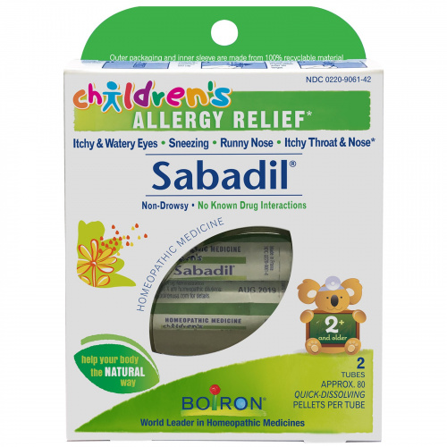 Boiron, Сабадил для детей, от аллергии, 2 тюбика, примерно по 80 драже в тюбике