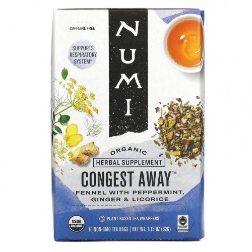 Numi Tea, Organic, Congest Away, без кофеина, 16 чайных пакетиков без ГМО, 32 г (1,13 унции)