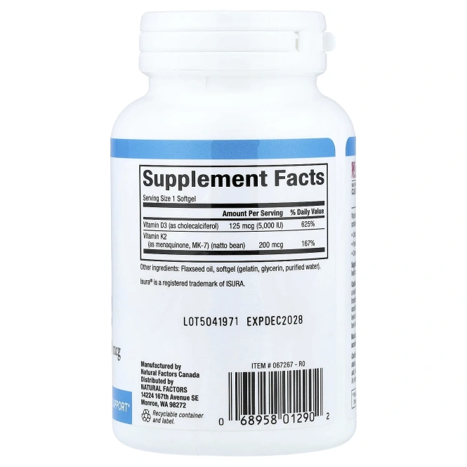 Natural Factors, витамины D3 и K2, 200 капсул
