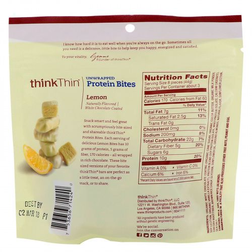 Think Thin, Белковые снеки без обертки, лимон, 4,5 унции (128 г)