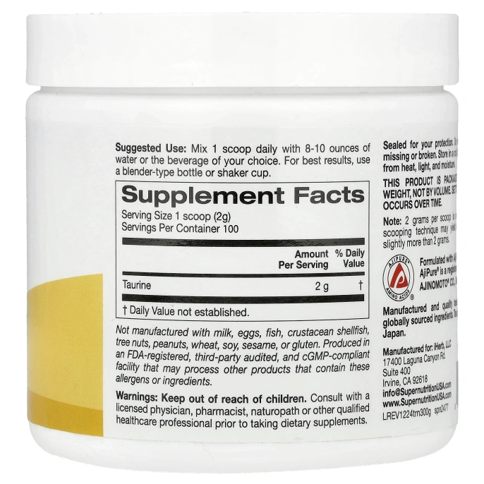 Super Nutrition, таурин, без добавок, 200 г (7,05 унции)