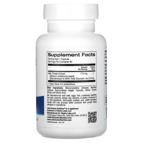 Lake Avenue Nutrition, экстракт расторопши, 175 мг, 90 растительных капсул