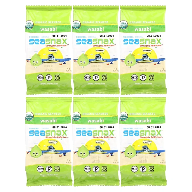 SeaSnax, органические морские водоросли, васаби, 6 пакетиков по 5 г (0,18 унции)
