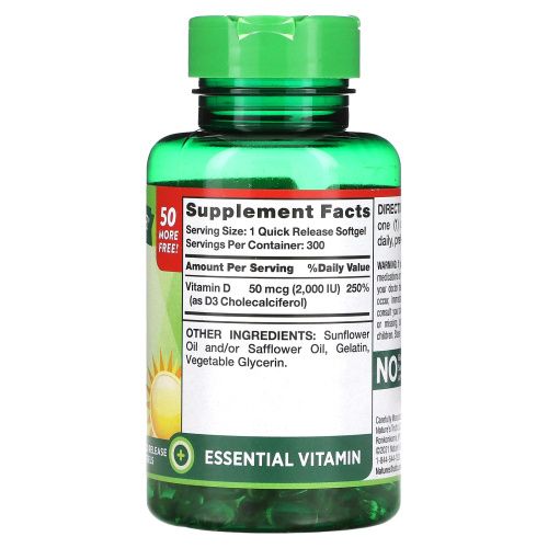 Nature's Truth, Высокоэффективный витамин D3, 50 мкг, 2000 МЕ, 300 мягких таблеток быстрого высвобождения