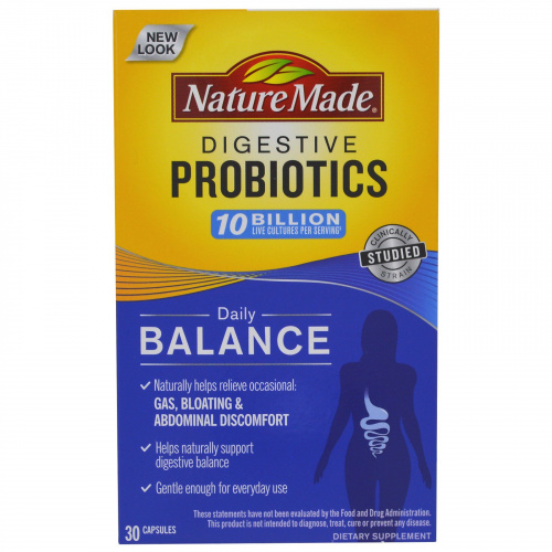 Nature Made, Пищеварительные пробиотики, ежедневный баланс, 30 капсул