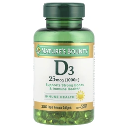 Nature's Bounty, D3, 25 мкг (1000 МЕ), 250 мягких таблеток ускоренного высвобождения