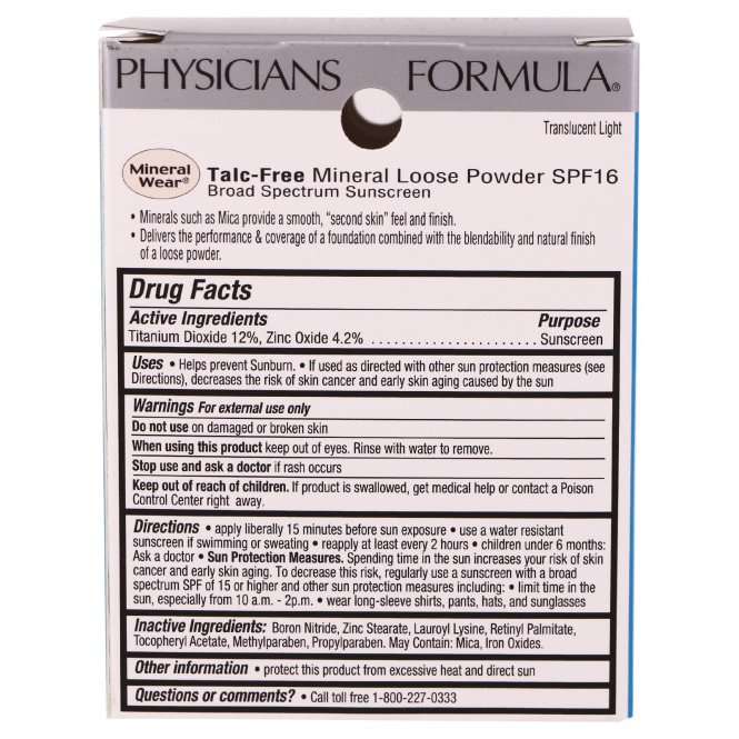 Physicians Formula, Mineral Wear, рассыпчатая пудра, легкий матовый оттенок, SPF 16, 0,49 унций (14 г)