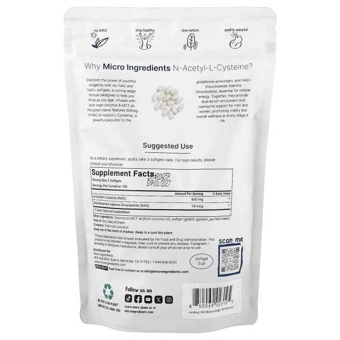 Micro Ingredients, NAC с NAD +, 300 мягких таблеток