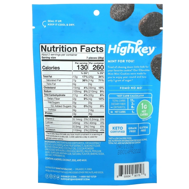 HighKey, Mini Cookies, шоколад и мята, 56,6 г (2 унции)