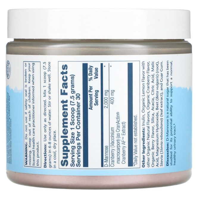 Solaray, D-манноза с клюквой, вкус лимона и ягод , 2000 мг, 7.6 унции(216 г)