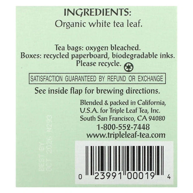 Triple Leaf Tea, белый чай, 20 чайных пакетиков, 38 г (1,34 унции)
