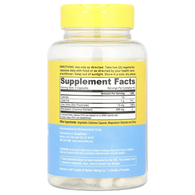 Nature's Life, монолаурин и цинк, 90 капсул