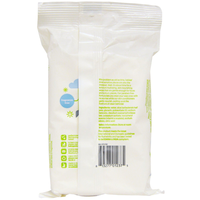 BabyGanics, Смываемые детские салфетки, без запаха, 60 салфеток