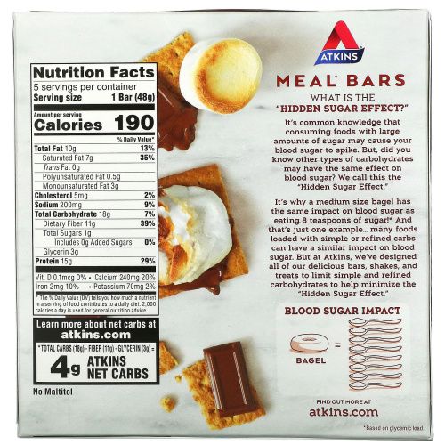 Atkins, Protein Meal Bar, батончик S'mores, 5 батончиков, 48 г (1,69 унции)