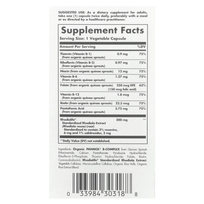 Solgar, Daily Stress Support, родиола и комплекс витаминов группы B, 60 растительных капсул