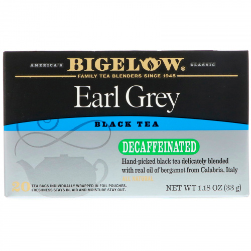 Bigelow, Эрл грей, без кофеина, черный чай, 20 чайных пакетиков, 1,18 унц. (33 г)