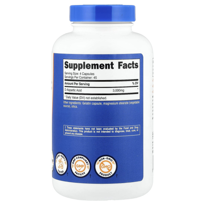 Nutricost, d-аспарагиновая кислота, 180 капсул (750 мг в одной капсуле)