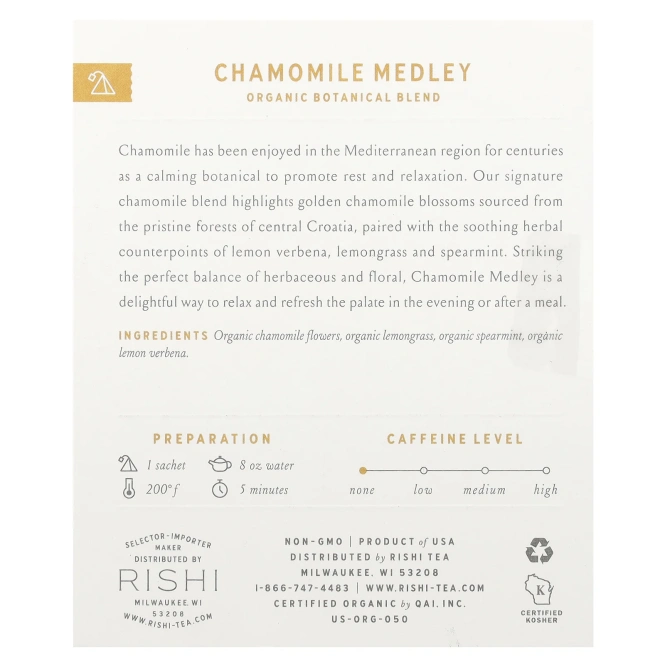 Rishi Tea, Органический травяной чай, смесь ромашки, без кофеина, 15 пакетиков, 0,95 унции (27 г)