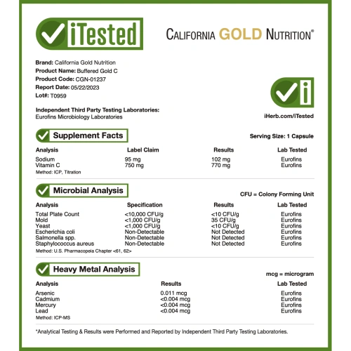 California Gold Nutrition, Buffered Gold C, Non-Acidic Vitamin C, 750 mg, 240 Растительная капсула