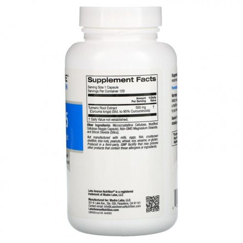 Lake Avenue Nutrition, куркумин 95, 500 мг, 120 растительных капсул