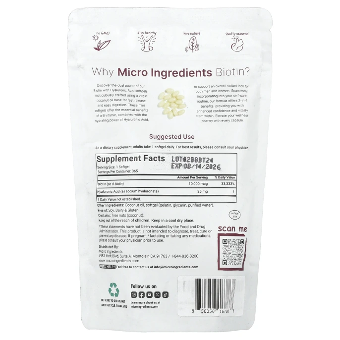 Micro Ingredients, Биотин с гиалуроновой кислотой, 365 мягких таблеток