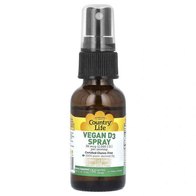 Country Life, Спрей с витамином D3 для веганов, со вкусом ванильных бобов, 2000 МЕ (50 мкг), 150 распылений для ротовой полости, 0,81 ж. унц. (24 мл)