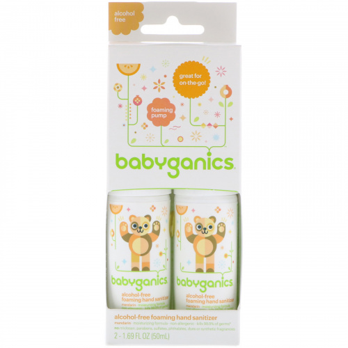 BabyGanics, Бесспиртовое пенящееся средство для мытья рук, Мандарин, 2 упаковки по 50 мл (1.69 fl oz)