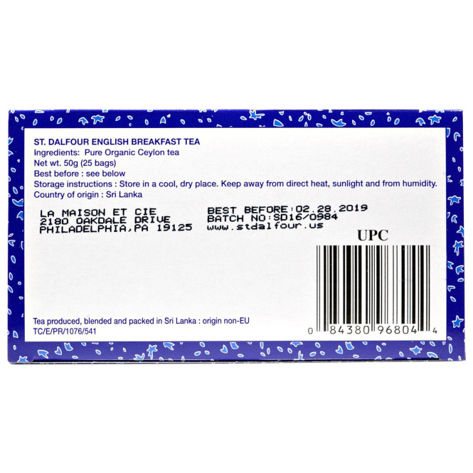 St. Dalfour, Органический чай English Breakfast, 25 пакетиков, 50 г